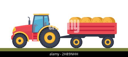 Traktor mit Anhänger. Traktor mit Heuballen im Wagen. Landmaschinen. Farm Machine. Seitenansicht des modernen Traktors. Vektorgrafik Stock Vektor