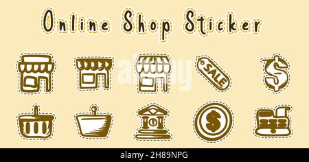 Online-Shop Doodle Art Aufkleber Vektor Illustration isoliert Hintergrund Stock Vektor