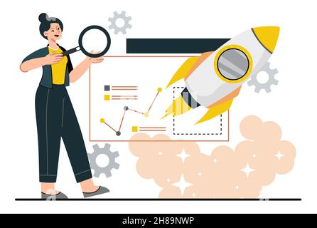 Konzept der Suche. Mädchen analysiert Grafiken mit Lupe. Marketing, Unternehmensentwicklung, Einkommenswachstum. Systematisierung der Statistik, informati Stock Vektor