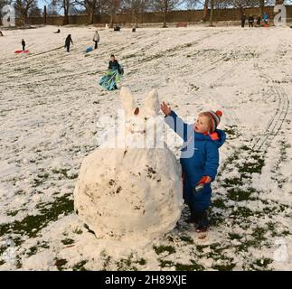 Peebles, Scottish Borders, UK 28th Nov 21 ein Peebles Youngster freut sich über die schottischen Grenzen, als er den im Hay Lodge Park gebauten Snow Bunny bewundert, während wir in die Weihnachtszeit hüpfen.Quelle: eric mccowat/Alamy Live News Stockfoto