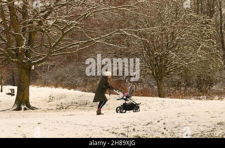 Peebles, Scottish Borders, UK 28th Nov 21 schwerer Schnee über Nacht. Trifft die Scottish Borders. Peebles Mutter schiebt trotz des Schnees im Hay Lodge Park den Kinderwagen. Kredit: eric mccowat/Alamy Live Nachrichten Stockfoto