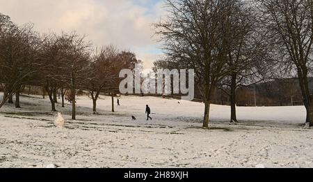 Peebles, Scottish Borders, UK 28th Nov 21 schwerer Schnee über Nacht trifft die Scottish Borders. Peebles Hundespaziergänger im Hay Lodge Park. Kredit: eric mccowat/Alamy Live Nachrichten Stockfoto