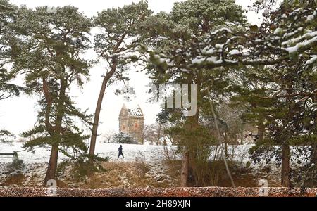 Peebles, Scottish Borders, UK 28th Nov 21 schwerer Schnee über Nacht trifft die Scottish Borders. Peebles Walker genießt die freie Natur im Hay Lodge Park. Kredit: eric mccowat/Alamy Live Nachrichten Stockfoto