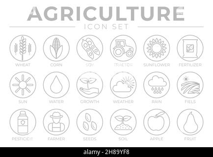 Dünne Landwirtschaft Runde Umriss Symbol Set von Weizen, Mais, Soja, Traktor, Sonnenblume, Dünger, Sonne, Wasser, Wachstum, Wetter, Regen, Felder, Pestizide, Weit Stock Vektor