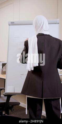 Eine Frau mit einem islamischen Schleier arbeitet in einem Büro Stockfoto