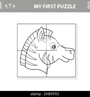 Cartoon Illustration der Bildung Puzzle-Spiel für Kinder im Vorschulalter mit Funny Zebra - Färbung Seite Stock Vektor