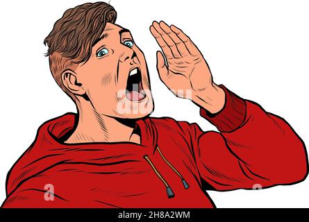 Ein junger Mann schreit eine Ankündigung der Pop-Art, Werbevorlage Poster-Stil Stock Vektor