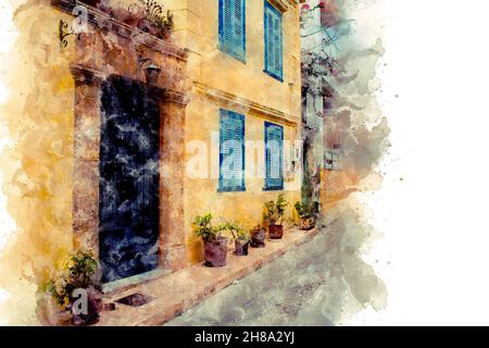 Aquarellzeichnung Straße in der Altstadt auf einer Insel in Griechenland. Die charmanten Straßen der griechischen Inseln. Stockfoto