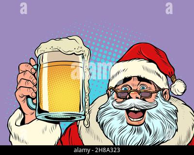 Weihnachtsmann mit einem Bierkrug. Pub oder Bar, eine lustige Party. Weihnachten und Neujahr, Winterjahresurlaub im Dezember Stock Vektor