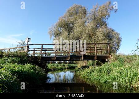 Fussgängerbrücke aus Holz über die Wipperau, Oetzen, Niedersachsen, Deutschland Stockfoto