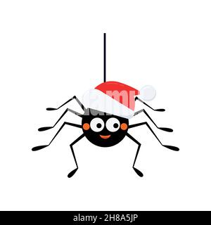 Weihnachtsspinne im weihnachtsmannhut, der an einer Schnur hängt Stock Vektor