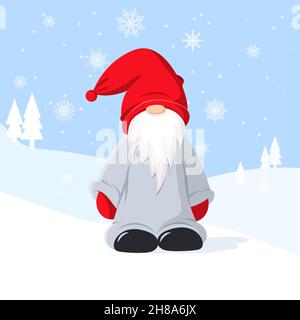 Weihnachtsgrußkarte mit einem niedlichen Gnome auf Winterhintergrund mit Schneeflocken. Vektor Stock Vektor