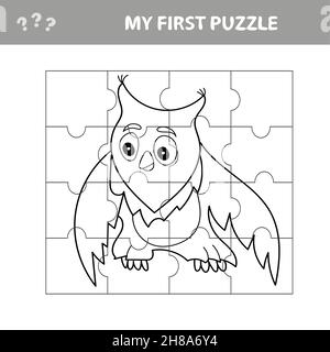Einfache pädagogische Papier-Spiel für Kinder. Einfache Kid-Anwendung mit Eule - Mein erstes Puzzle. Malseite Stock Vektor