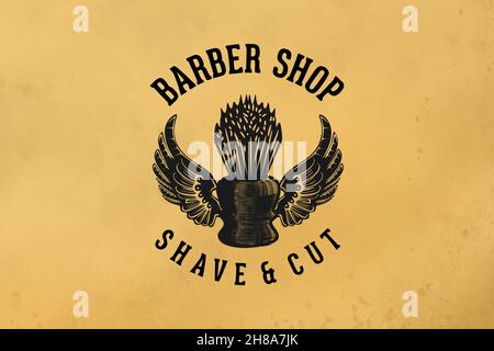 Rasierpinsel, und Flügel Hand gezeichnet Friseur Logo Designs Inspiration isoliert auf weißem Hintergrund Stock Vektor