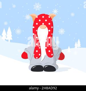 Weihnachtsgrußkarte mit einem niedlichen Gnome auf Winterhintergrund mit Schneeflocken. Vektor Stock Vektor
