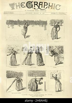 Titelseite der Graphic Illustrated Zeitung 1888, Ladies Cricket Match, Harrow versus Pinner, Victorian Stockfoto