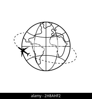 Gepunktete Linie der Flugstrecke um den Planeten Erde. Tourismus und Reisen. Vektorgrafik. Stock Vektor