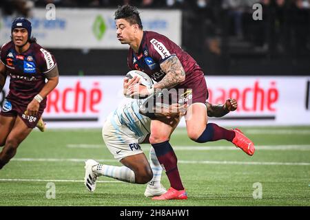 Nanterre, Frankreich, Frankreich. 28th. November 2021. Misimoa BENJAMIN LAM aus Bordeaux während des TOP 14-Spiels zwischen Racing 92 und Union Bordeaux Begles (UBB) in der Paris La Defense Arena am 28. November 2021 in Nanterre bei Paris, Frankreich. (Bild: © Matthieu Mirville/ZUMA Press Wire) Stockfoto