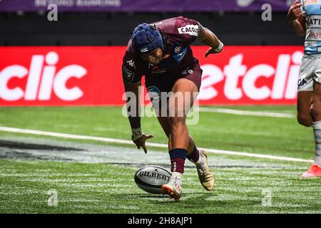 Nanterre, Frankreich, Frankreich. 28th. November 2021. Ulupano SEUTENI von Bordeaux trifft seinen Versuch beim TOP 14-Spiel zwischen Racing 92 und Union Bordeaux Begles (UBB) in der Paris La Defense Arena am 28. November 2021 in Nanterre bei Paris, Frankreich. (Bild: © Matthieu Mirville/ZUMA Press Wire) Stockfoto