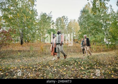 Junge und ältere Paare in stilvoller, warmer Casualwear, die sich im Wald zwischen Bäumen mit grünen und gelben Blättern entlang der Straße bewegen Stockfoto