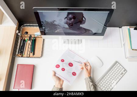 Überblick über die Lehrerhands mit Stift und Dokument, die während des Online-Unterrichts vor dem Computerbildschirm mit afrikanischen Schülern sitzen Stockfoto