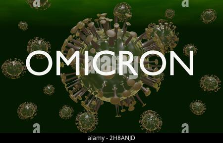 3D Darstellung der omicron-Variante des Coronavirus mit Text. Stockfoto