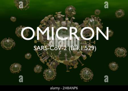 3D Darstellung der omicron-Variante des Coronavirus mit Text. Stockfoto