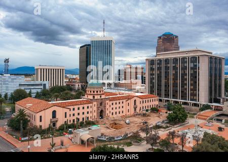 Altes Pima County Courthouse in Tucson, während es renoviert wurde, aus der Luft Stockfoto