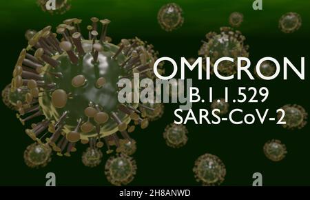 3D Darstellung der omicron-Variante des Coronavirus mit Text. Stockfoto