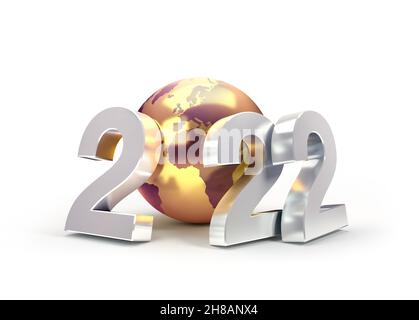 2022 Neujahrsdatum mit einem goldenen Planeten Erde, isoliert auf weiß - 3D Abbildung Stockfoto