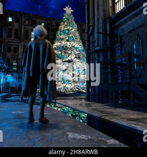 Ein obdachloser älterer Mann, der in der Weihnachtsnacht in der Stadt herumläuft - 3D Rendering Stockfoto