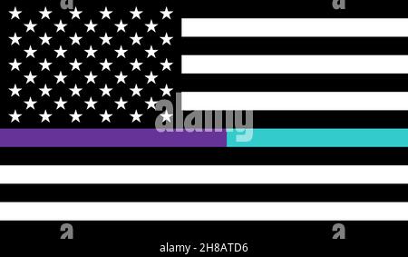 Draufsicht auf Purple-Teal Line, US-Flagge, kein Fahnenmast. Ebenendesign, Layout. Hintergrund markieren. Stockfoto