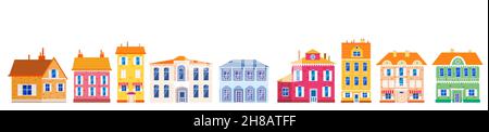 Set Häuser Cottage Haus Vorderansicht, bunte Immobilien. Cartoon städtische Gebäude, Vektor-Illustration Stock Vektor