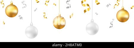 Weihnachtsdekoration. Goldene und silberne Kugeln auf weißem Hintergrund. Herabfallende Konfetti und Lametta. Winter-Grußkarte oder Website-Dekoration. Vektor Stock Vektor