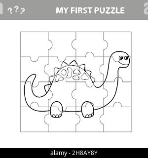 Nettes Puzzle-Spiel. Vektor-Illustration von Puzzle-Spiel mit glücklichen Cartoon Dino für Kinder. Mein erstes Rätsel. Malseite Stock Vektor