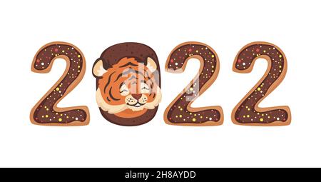 2022 Neujahrsbanner mit Figuren und Tiger Stock Vektor