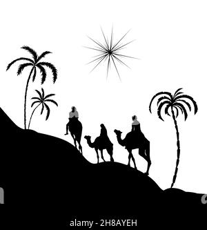 Weihnachtsstern. Magi auf Kamelen Silhouette. Vektorgrafik Stock Vektor