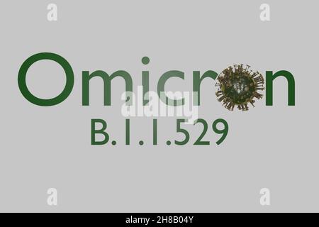 3D Darstellung der omicron-Variante des Coronavirus mit Text. Stockfoto