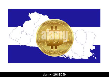 El Salvador Flagge mit Karte und Bitcoin, leer Stockfoto