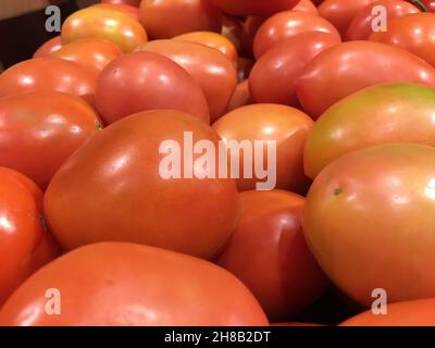 Haufen Roma-Tomaten auf dem Display in einem Lebensmittelgeschäft in Georgien Stockfoto