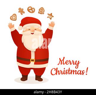 Weihnachtsmann mit Plätzchen Lebkuchen, Cartoon Weihnachten Grußkarte. Lustige Weihnachten Charakter jongliert Ingwer Bäckerei. Happy New Year Gratulation für Weihnachtspostkarte, Werbung, Broschüre Stock Vektor