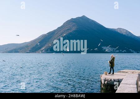 Mädchen in einer Jacke steht auf dem Pier und füttert die Möwen vor der Kulisse der Berge Stockfoto