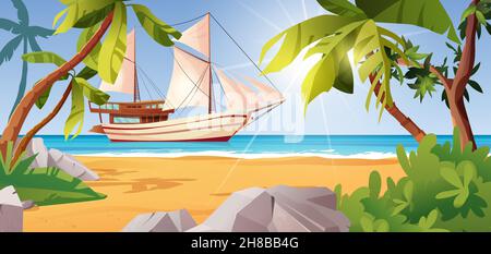 Tropische Strandlandschaft mit Segelschiff, Palmen, Steinen, Meer oder Meer, Büschen und Felsen. Platz zum Ausruhen. Stock Vektor