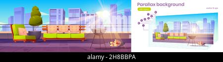 Parallax-Sommercafe auf dem Dach, Restaurant im Freien auf der Dachterrasse mit Blick auf die Stadt. Leere Terrasse mit Grill-Maschine, bequemes Sofa 2D Spiel-Animation mit getrennten Schichten, Vektor-Illustration Stock Vektor