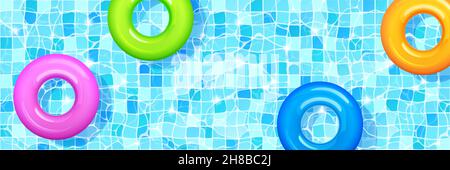 Schwimmbad mit bunten aufblasbaren Ringen schwimmend auf sauberer Wasseroberfläche über Fliesenboden, Hotel, Sommerurlaub Hintergrund-Design, horizontale Vorlage für Banner realistische 3D Vektor-Illustration Stock Vektor