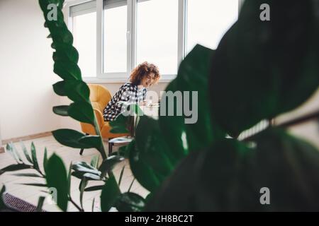 Blick von hinten auf die Blätter einer Pflanze. Frau beim Frühstück, während sie ein Interessantes Gespräch am Telefon führt. Lockiges Haar. Stockfoto