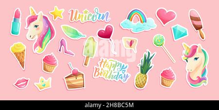Niedliche Einhorn-Aufkleber im flachen Stil. vektor-Illustration. Stock Vektor