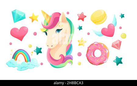 Niedliches Einhorn-Gesicht im flachen Stil mit süßen mädchenhaften Elementen. Stock Vektor