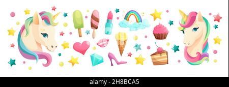 Niedliches Einhorn-Gesicht im flachen Stil mit süßen mädchenhaften Elementen. Stock Vektor