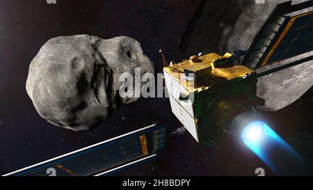 Diese Abbildung des DART-Tests (Double Asteroide Redirection Test) von hinten zeigt die Raumsonde mit ihrem Ionenmotor, während sie sich Dimorphos vor dem Aufprall nähert. DART ist der weltweit erste Test zur planetarischen Verteidigung im Maßstab 1:1, der eine Methode der Ablenkung von Planeten demonstriert. DART wurde vom Johns Hopkins Applied Physics Laboratory (APL) in Laurel, Maryland, für die NASA entwickelt und geleitet und wird die als kinetischer Aufprall bekannte planetarische Verteidigungstechnik demonstrieren. Die DART-Raumsonde wird in einen Astroiden schlagen und seine Umlaufbahn verschieben und einen entscheidenden Schritt tun, um Wege zum Schutz unserer zu demonstrieren Stockfoto